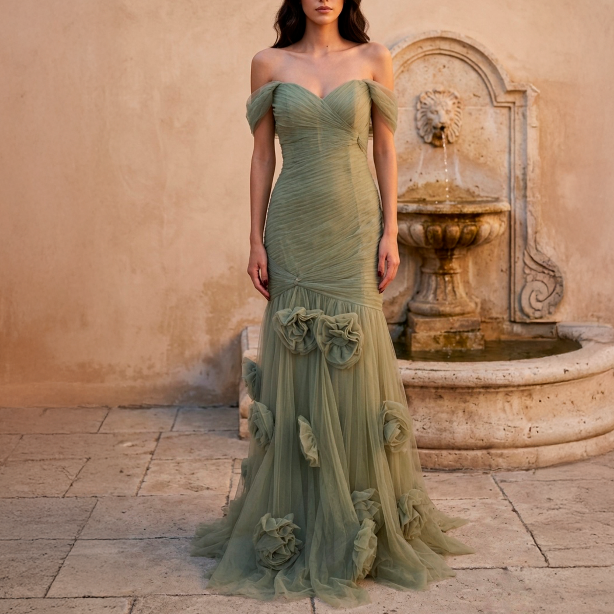 Vestido largo aplicacion de flores verde