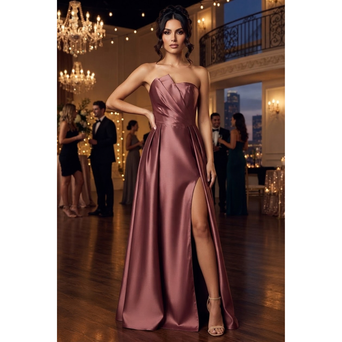 Vestido largo organza mauve
