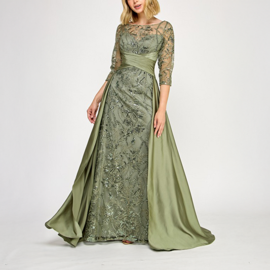 Vestido largo bordado verde olivo.