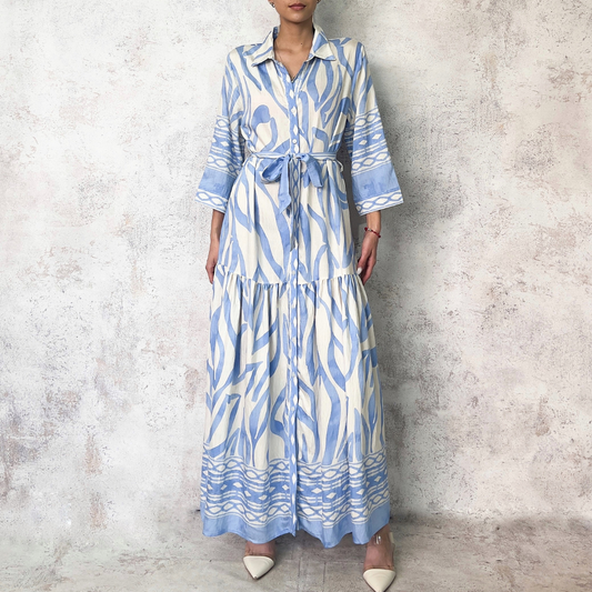 Vestido camisero blanco estampado azul