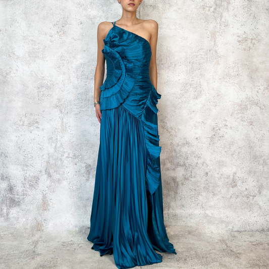 Vestido largo azul celeste tableado