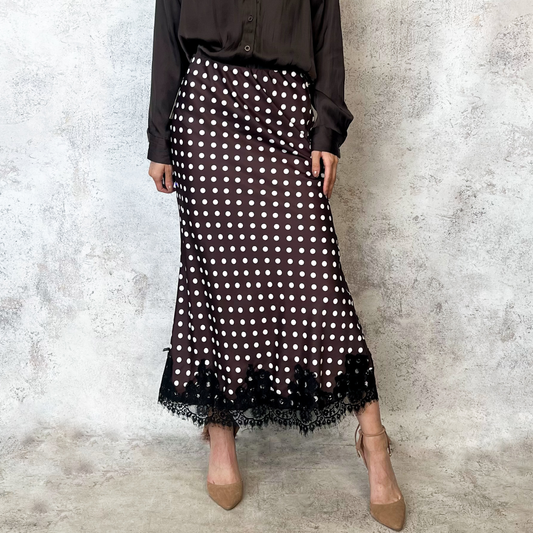 Falda satinada cafe polka dots