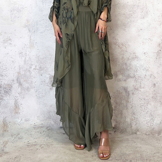 Pantalón de seda italiana verde olivo