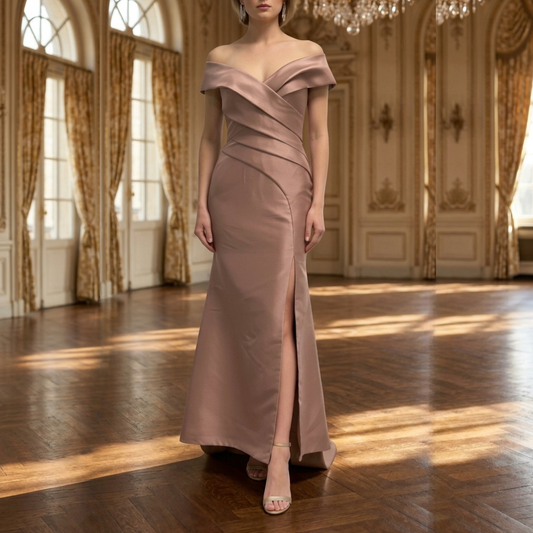 Vestido largo rose gold hombros descubiertos