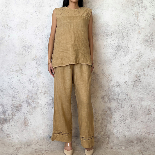 Conjunto de Lino pantalon y blusa bordado camel
