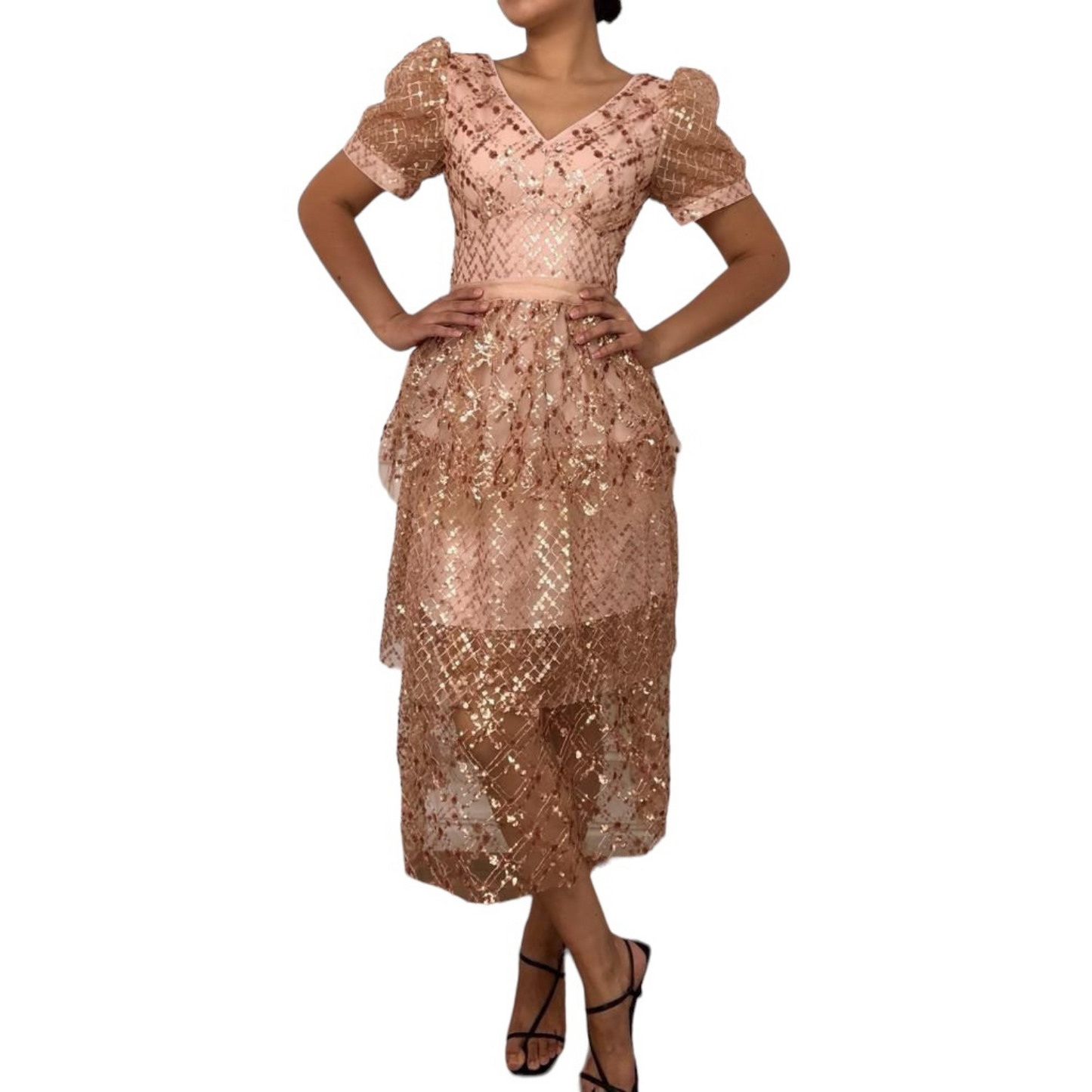 VESTIDO MIDI LENTEJUELA ROSE GOLD