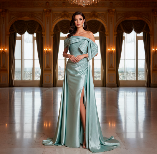 Vestido largo satinado verde agua