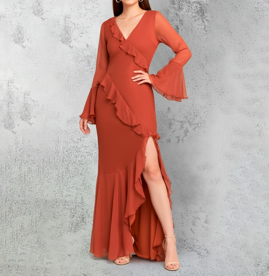 Vestido largo terracota con volantes