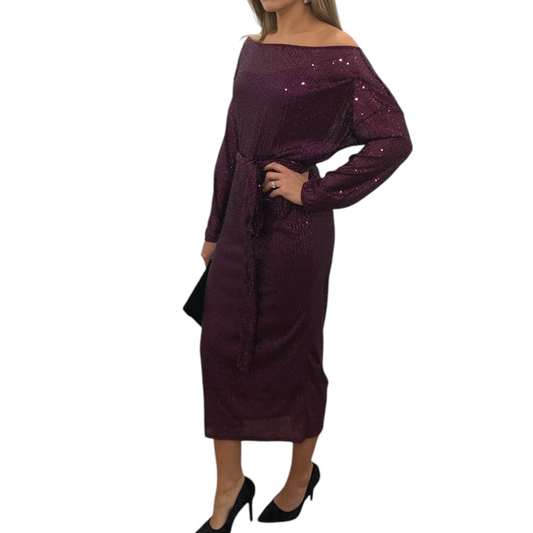 VESTIDO MIDI LENTEJUELA UN HOMBRO PURPURA