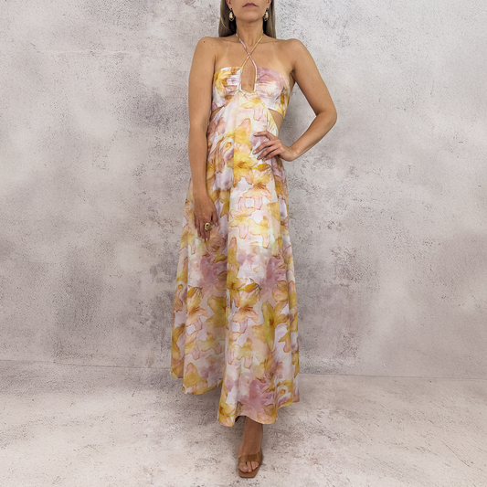 Vestido halter flores amarillas.