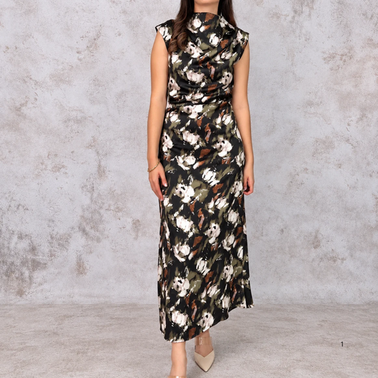 Vestido midi satinado con estampado abstracto