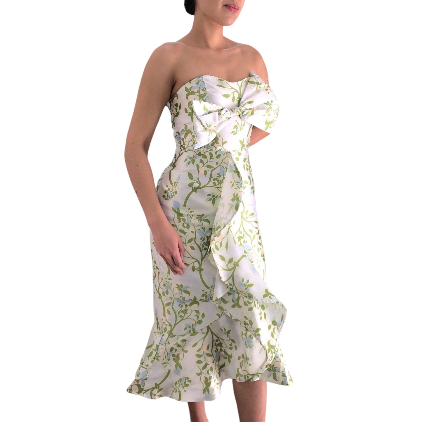 VESTIDO STRAPLESS BLANCO FLORES VERDES