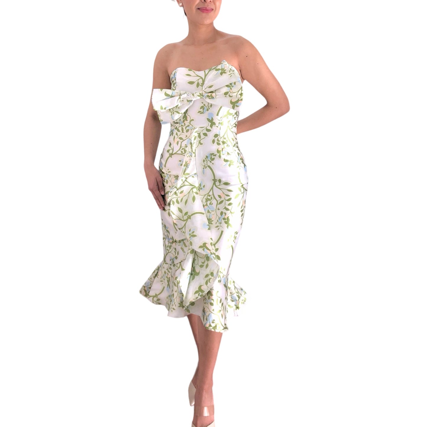 VESTIDO STRAPLES BLANCO FLORES VERDES