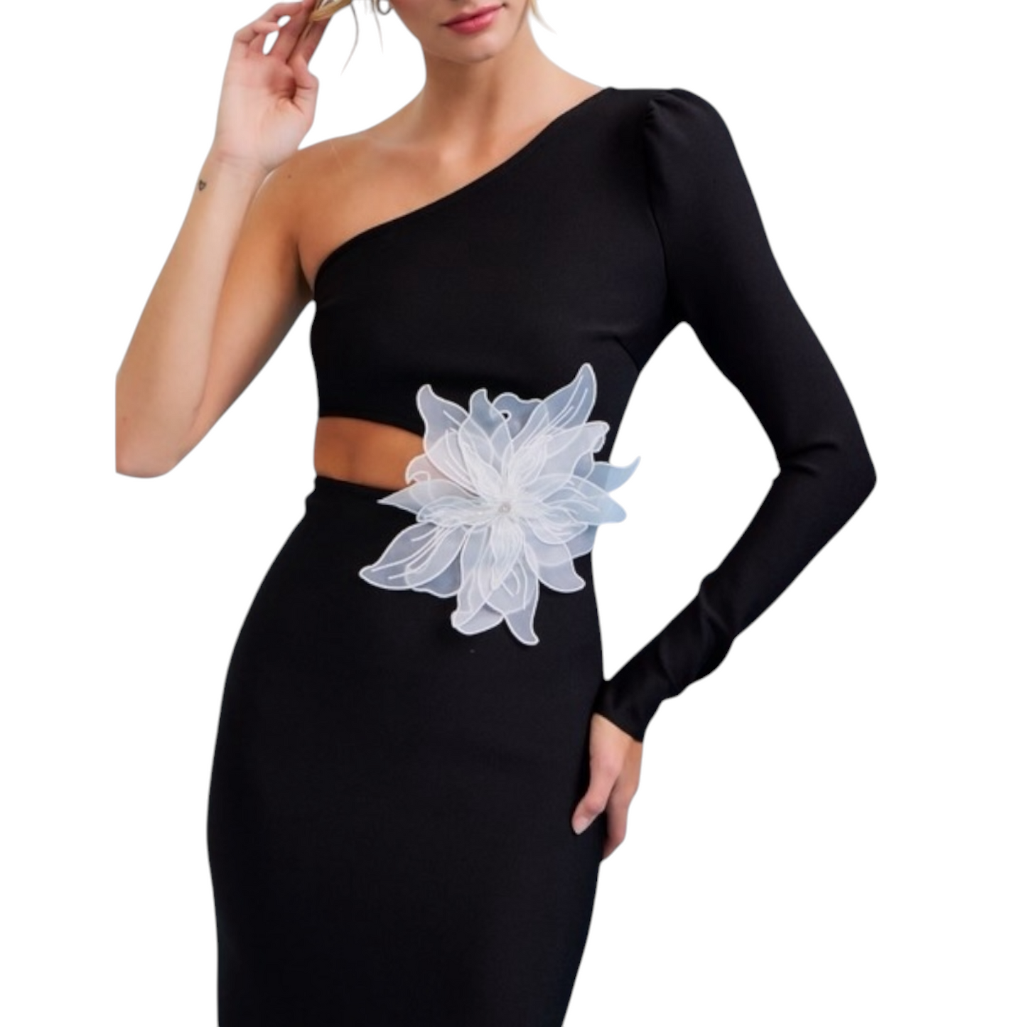 VESTIDO MIDI BANDAGE NEGRO FLOR BLANCA