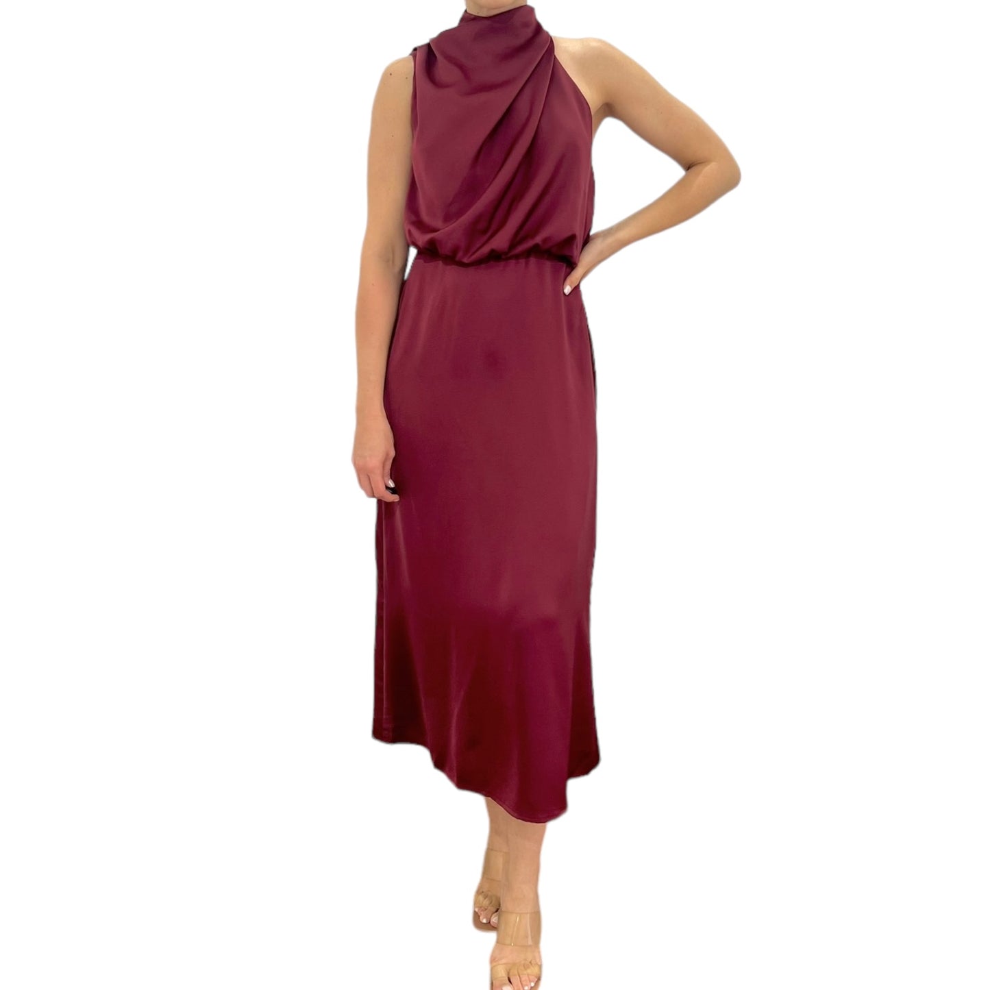 VESTIDO MIDI CUELLO ALTO SATIN VINO