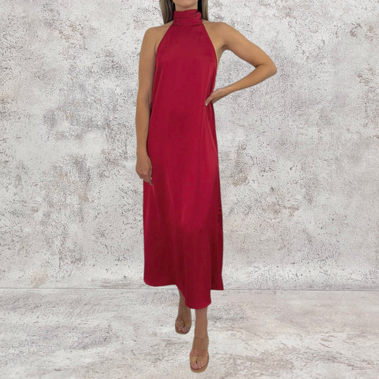 VESTIDO ROJO HALTER SATINADO