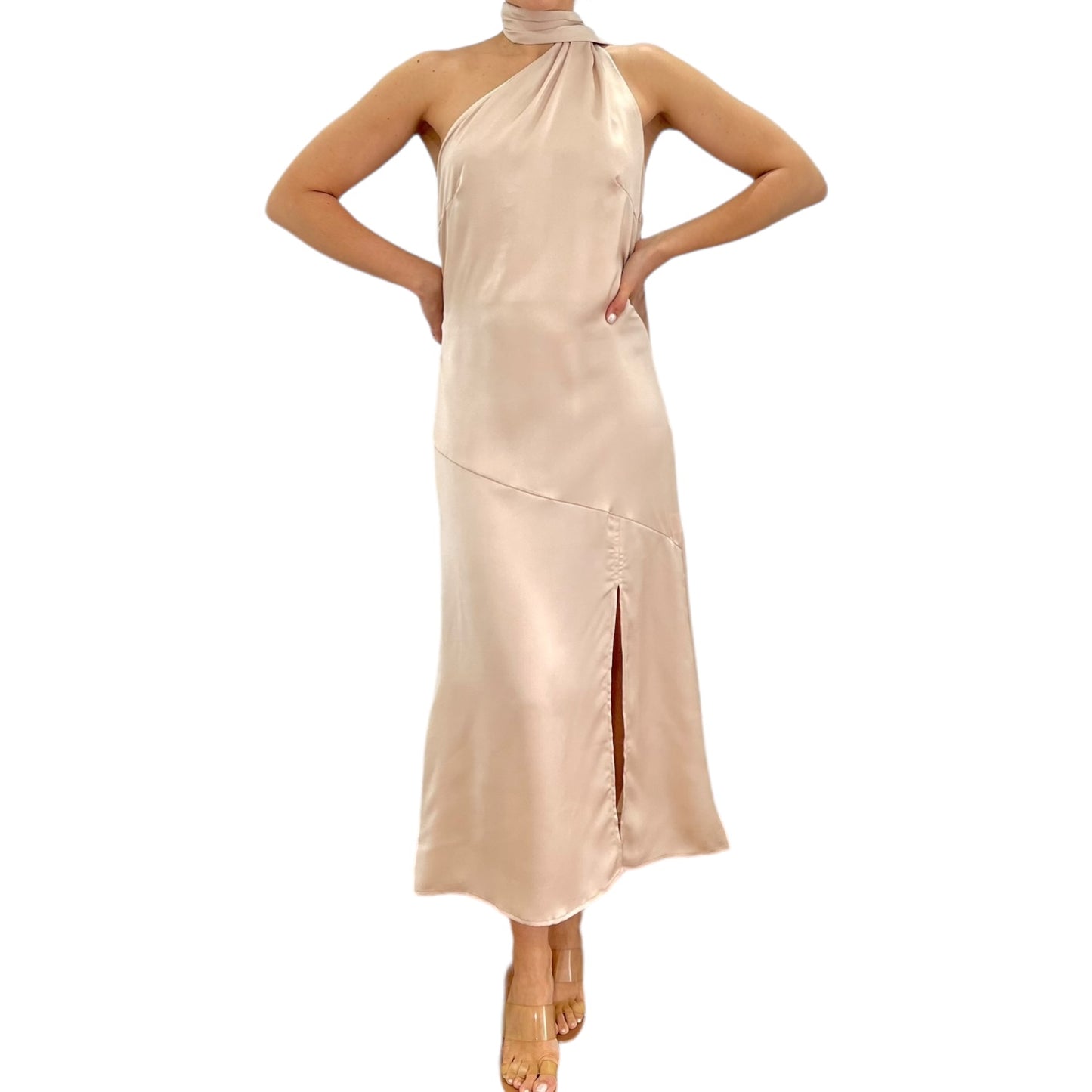 VESTIDO MIDI SATIN CUELLO HALTER BEIGE