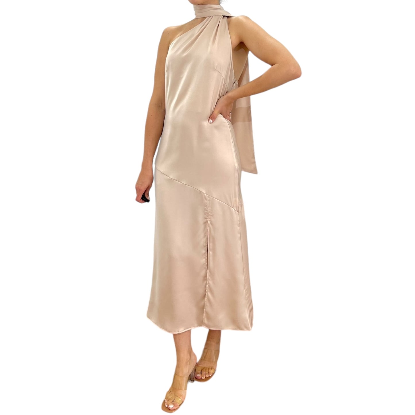 VESTIDO MIDI SATIN CUELLO HALTER BEIGE