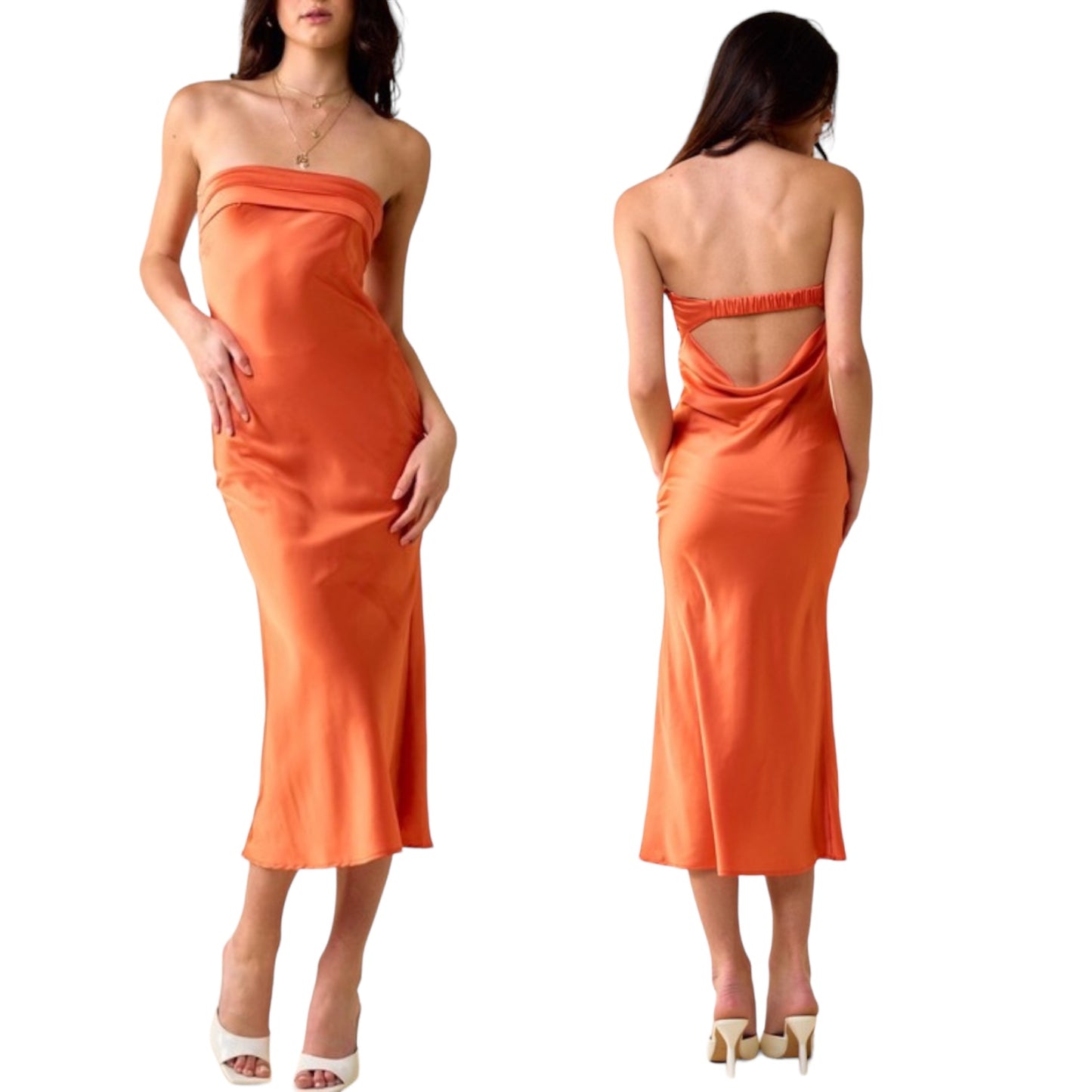 VESTIDO MIDI STRAPLESS ESCOTE ESPALDA NARANJA