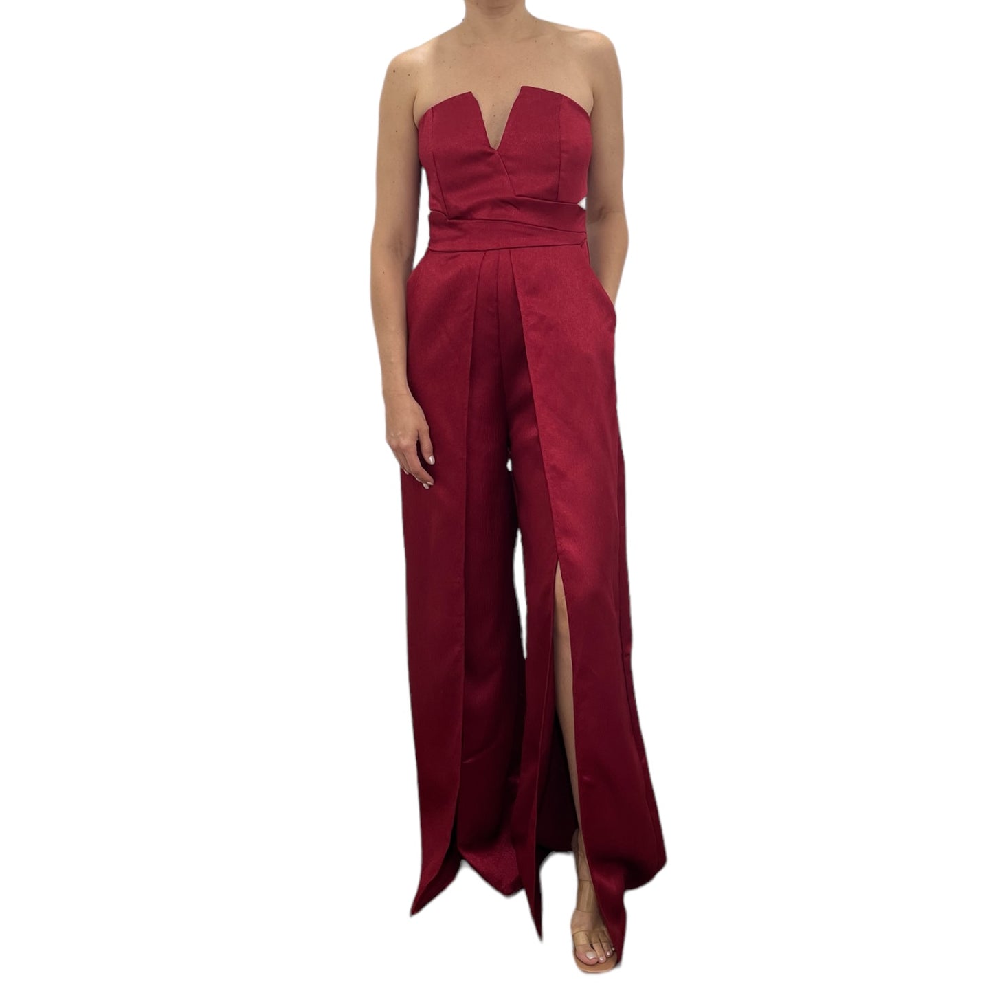 JUMPSUIT STRAPLESS ABERTURA PIERNA VINO