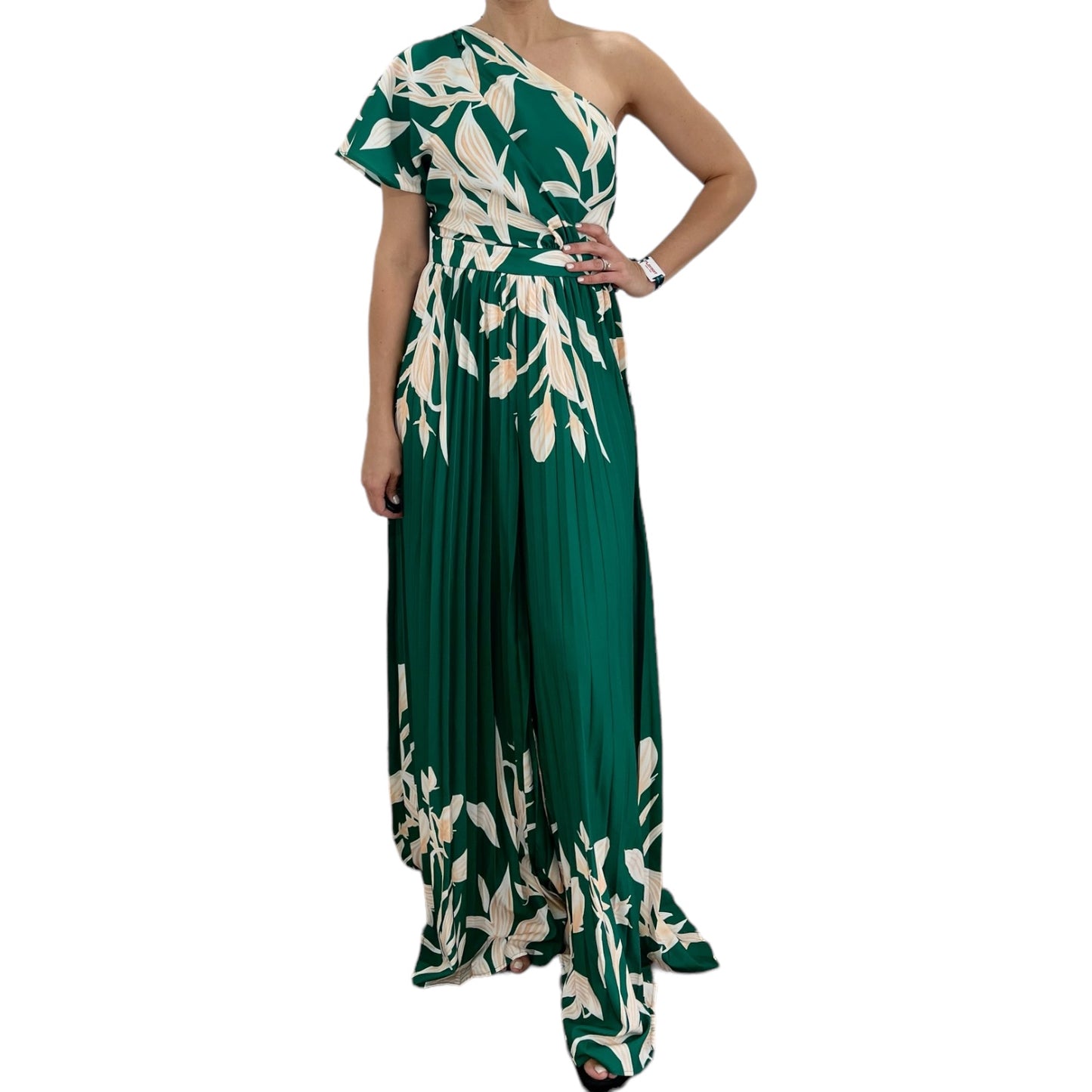 JUMPSUIT TABLEADO UN HOMBRO ESTAMPADO VERDE