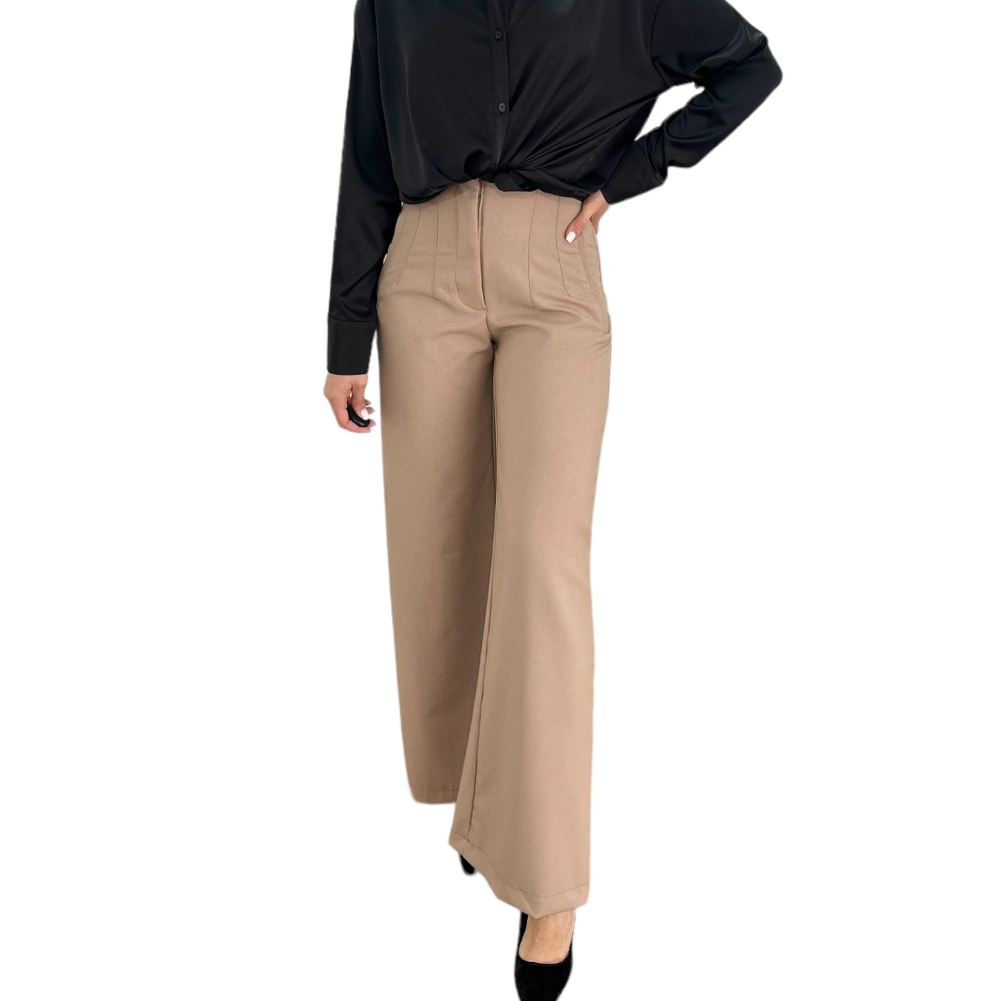 PANTALON RECTO PINZAS TIRO ALTO BEIGE