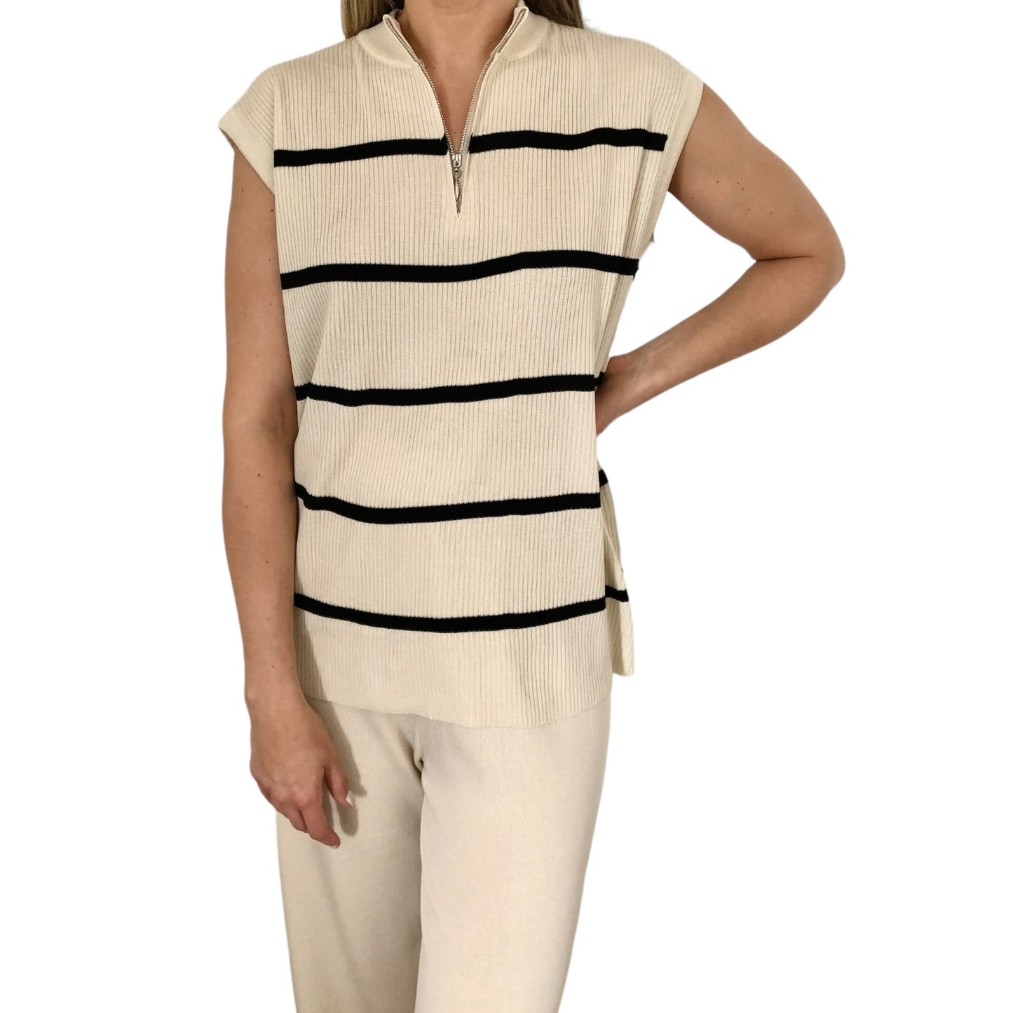 SET TEJIDO BLUSA RAYAS PANTALON BEIGE UNITALLA