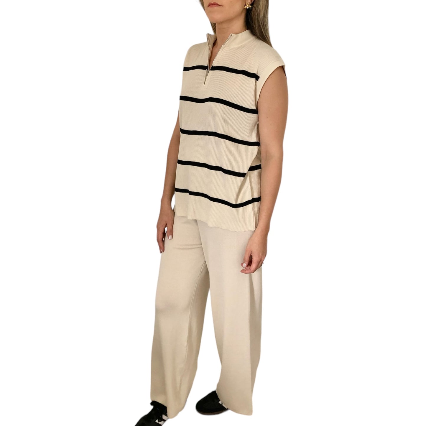 SET TEJIDO BLUSA RAYAS PANTALON BEIGE UNITALLA