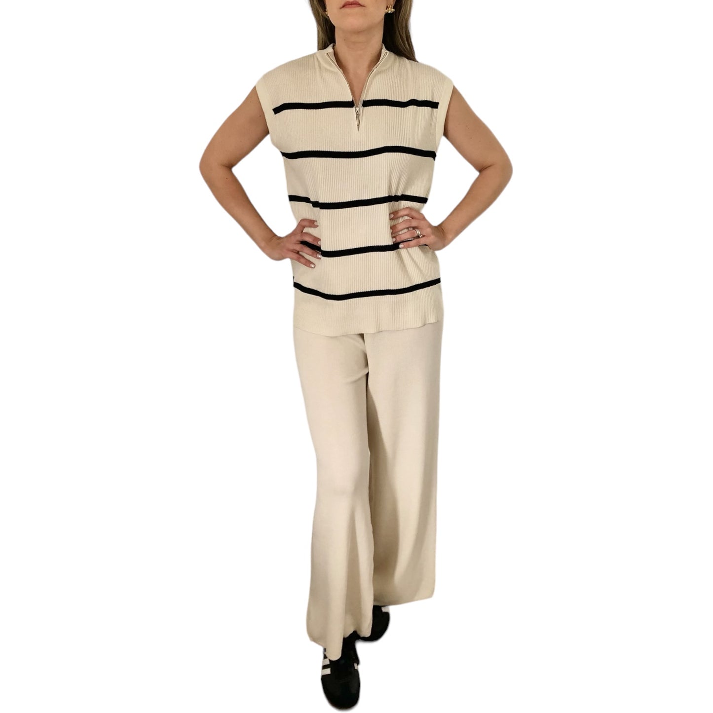 SET TEJIDO BLUSA RAYAS PANTALON BEIGE UNITALLA