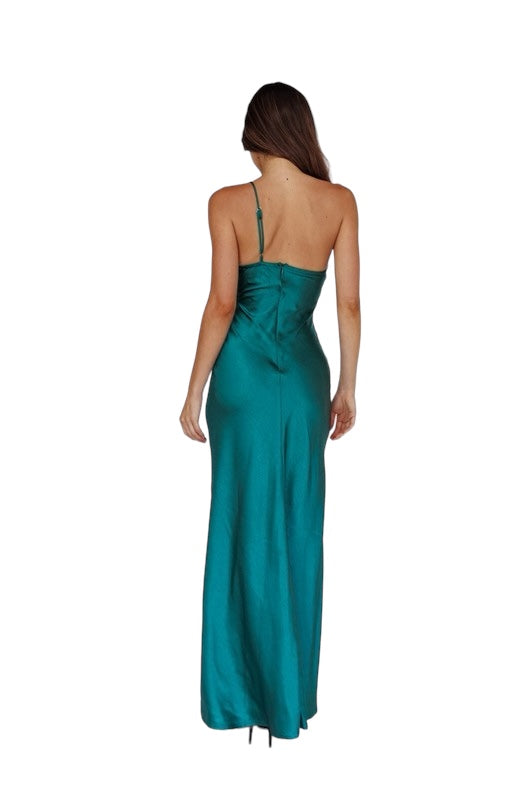 VESTIDO UN HOMBRO SATIN VERDE ESMERALDA