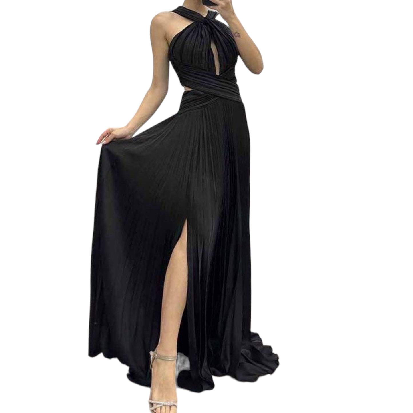 VESTIDO LARGO TABLEADO HALTER NEGRO