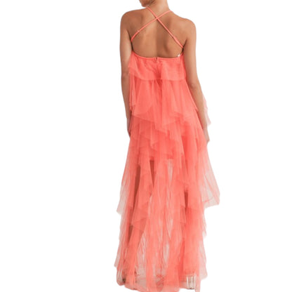 VESTIDO MESH TIRANTES OLANES CAPAS CORAL