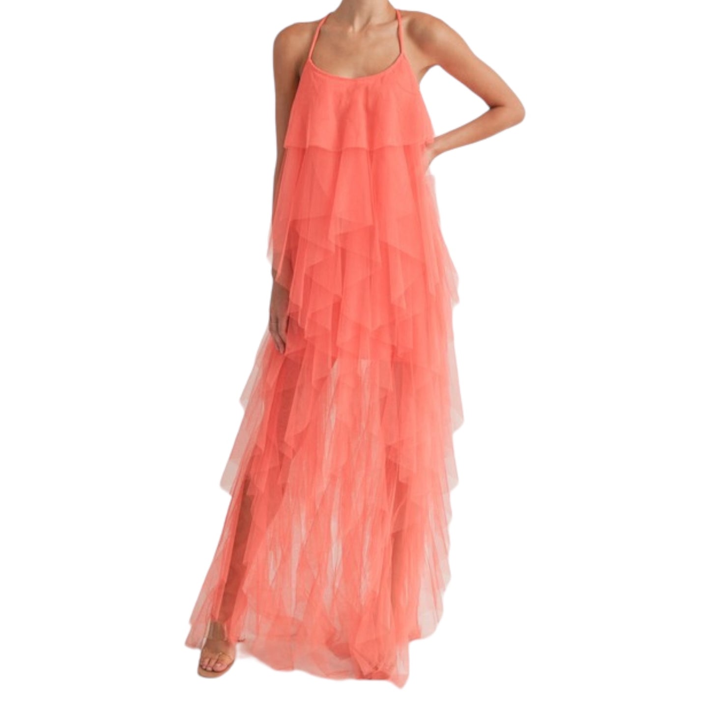 VESTIDO MESH TIRANTES OLANES CAPAS CORAL