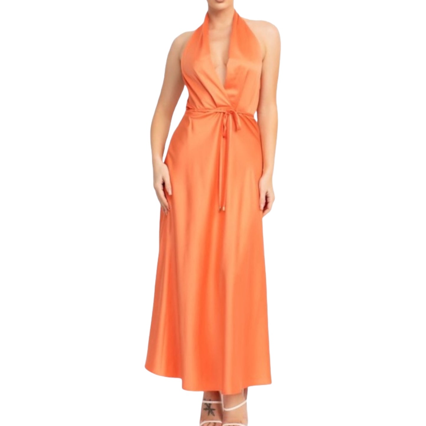 VESTIDO MIDI SATIN HALTER NARANJA