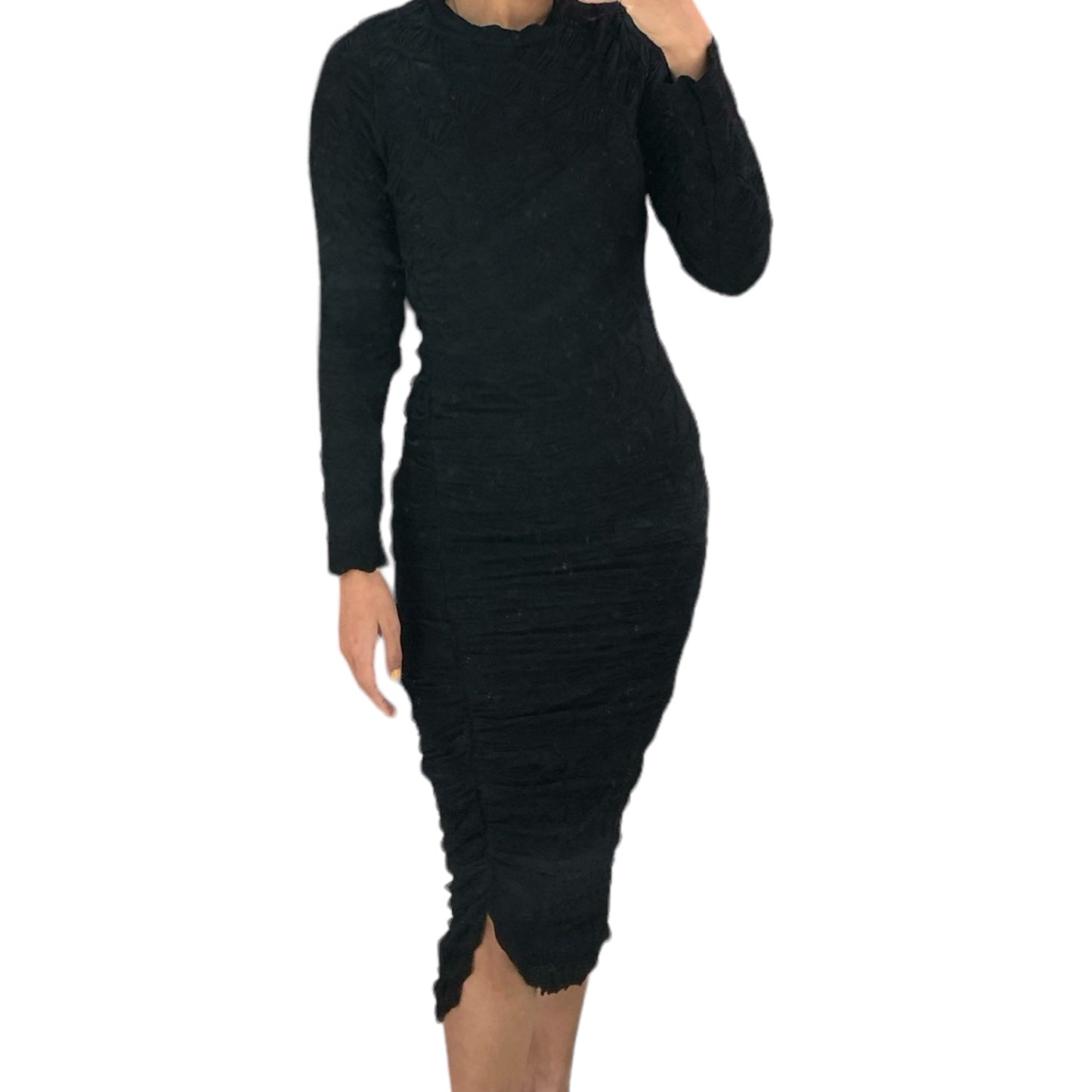 VESTIDO MIDI MANGA LARGA DRAPEADO NEGRO