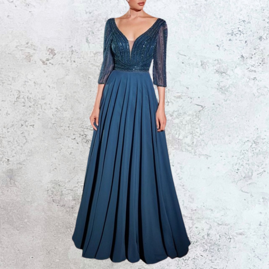 Vestido largo bordado de gasa