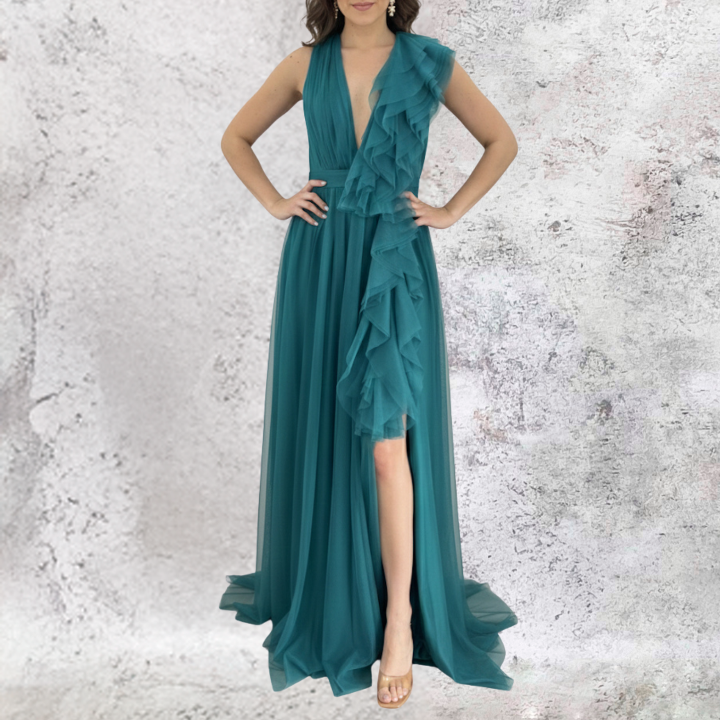 Vestido largo de tul verde en gasa