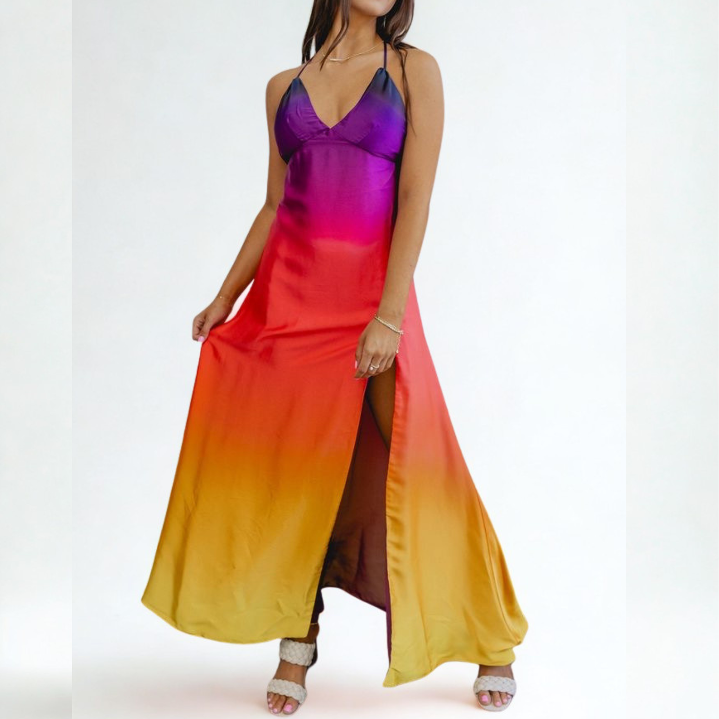 Vestido largo satín degradado multicolores