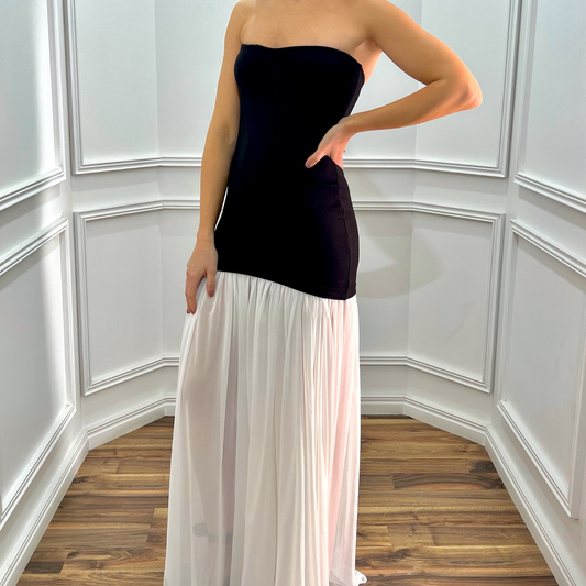 Vestido largo gasa strapless negro/blanco