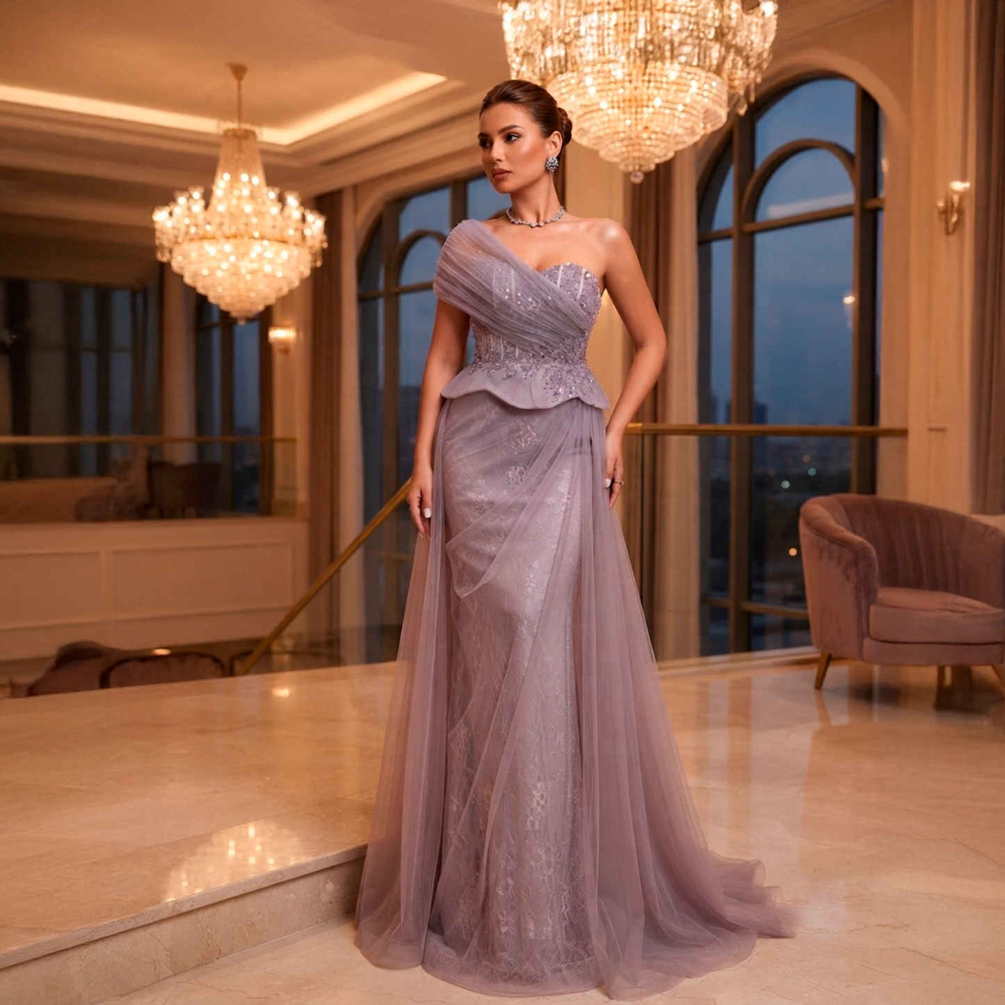 Vestido largo bordado lila