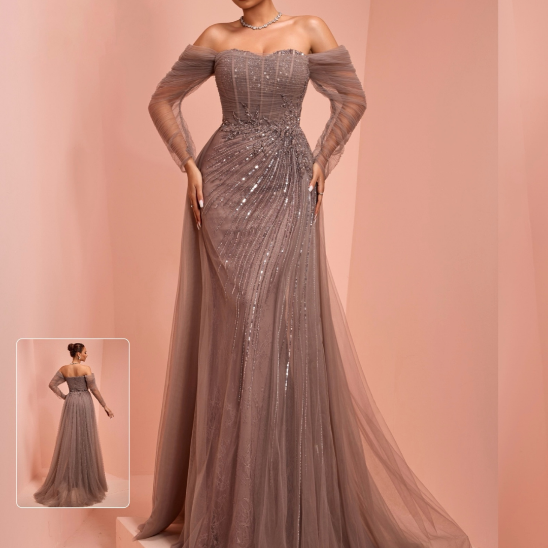 Vestido largo bordado de tul taupe